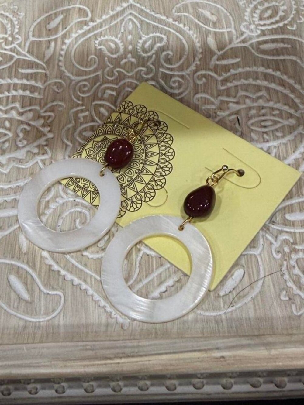 White Shell Hoop Earrings with Red Teardrop Beads